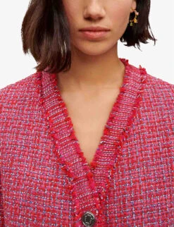 Maje V-neck Raw-trim Tweed Jacket -VogueVibe Store R04108243 ROSES ALT04