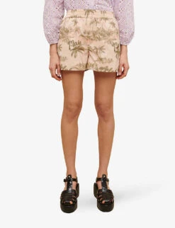 Maje Iloha Palm-print Elasticated-waist Woven Shorts -VogueVibe Store R04110654 IMPRIME ALT02