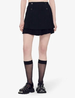 Sandro Zalana Pleated Woven Mini Skirt -VogueVibe Store R04111180 NOIRGRIS ALT02