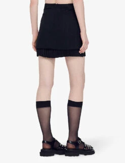 Sandro Zalana Pleated Woven Mini Skirt -VogueVibe Store R04111180 NOIRGRIS ALT03