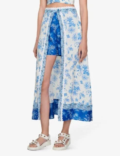 Sandro Albertville Floral-print Linen-blend Midi Skirt -VogueVibe Store R04111314 BLEUS ALT02