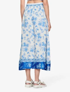 Sandro Albertville Floral-print Linen-blend Midi Skirt -VogueVibe Store R04111314 BLEUS ALT03