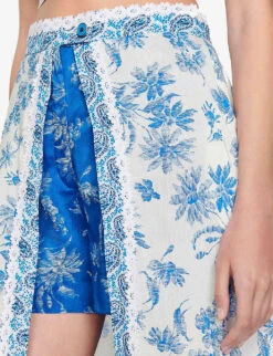 Sandro Albertville Floral-print Linen-blend Midi Skirt -VogueVibe Store R04111314 BLEUS ALT04