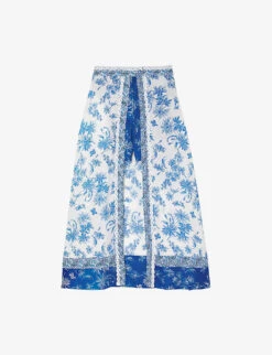 Sandro Albertville Floral-print Linen-blend Midi Skirt