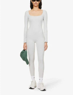 Square-neck Long-sleeved Stretch-cotton Unitard -VogueVibe Store R04111529 LIGHTGREYMELANGE ALT01