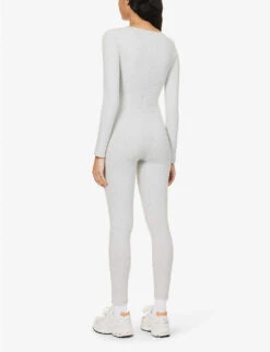 Square-neck Long-sleeved Stretch-cotton Unitard -VogueVibe Store R04111529 LIGHTGREYMELANGE ALT03
