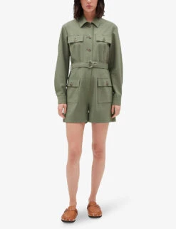 CLAUDIE PIERLOT Janis Belted Collared Stretch-woven Playsuit -VogueVibe Store R04119113 VERTS ALT02