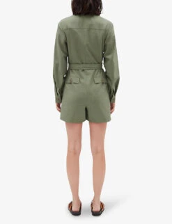 CLAUDIE PIERLOT Janis Belted Collared Stretch-woven Playsuit -VogueVibe Store R04119113 VERTS ALT03