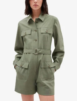 CLAUDIE PIERLOT Janis Belted Collared Stretch-woven Playsuit -VogueVibe Store R04119113 VERTS ALT04