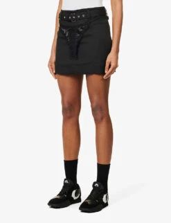 Thong-appliqué Mid-rise Woven Mini Skirt 9 Thong-appliqué Mid-rise Woven Mini Skirt -VogueVibe Store R04123230 BLACK ALT02