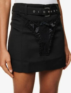 Thong-appliqué Mid-rise Woven Mini Skirt 11 Thong-appliqué Mid-rise Woven Mini Skirt -VogueVibe Store R04123230 BLACK ALT04