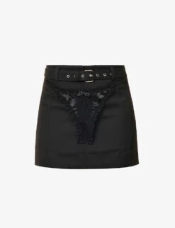 Thong-appliqué Mid-rise Woven Mini Skirt