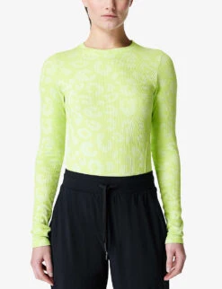 Sweaty Betty Glisten Seamless Stretch-woven Top -VogueVibe Store R04127230 POMELOGREENLEOPARD ALT02