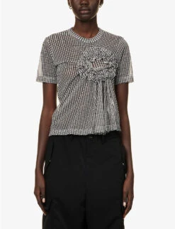 Check-patterned Ruched-appliqué Regular-fit Woven Top -VogueVibe Store R04127327 BLACKXWHITE ALT02