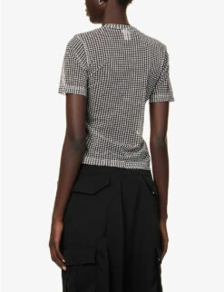Check-patterned Ruched-appliqué Regular-fit Woven Top -VogueVibe Store R04127327 BLACKXWHITE ALT03