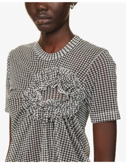 Check-patterned Ruched-appliqué Regular-fit Woven Top -VogueVibe Store R04127327 BLACKXWHITE ALT04