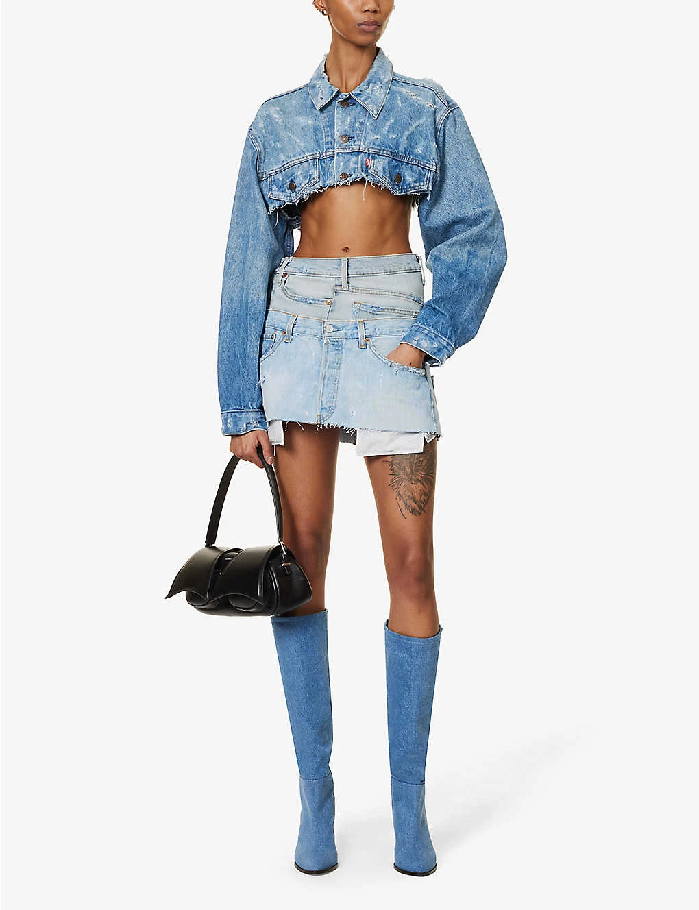 Abstract-panels Distressed Upcycled Denim Mini Skirt 4 Abstract-panels Distressed Upcycled Denim Mini Skirt - Image 2