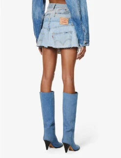 Abstract-panels Distressed Upcycled Denim Mini Skirt 12 Abstract-panels Distressed Upcycled Denim Mini Skirt -VogueVibe Store R04127905 MIDBLUE ALT03