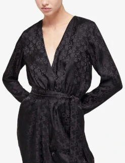 THE KOOPLES Jacquard-logo Sweetheart-neckline Woven Jumpsuit -VogueVibe Store R04127926 BLA01 ALT02