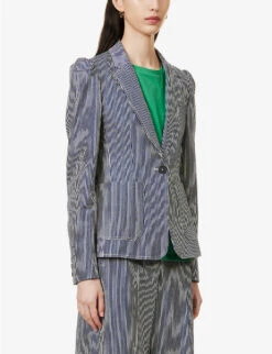 ME AND EM Puff-sleeve Pin-stripe Stretch-cotton Blazer -VogueVibe Store R04129145 BLUEWHITE ALT02