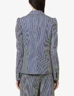 ME AND EM Puff-sleeve Pin-stripe Stretch-cotton Blazer -VogueVibe Store R04129145 BLUEWHITE ALT03