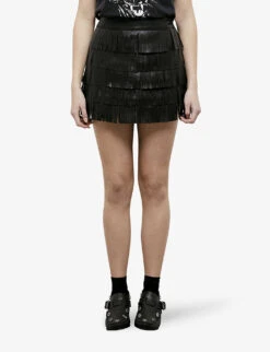 THE KOOPLES Fringed Leather Mini Skirt -VogueVibe Store R04130006 BLA01 ALT02