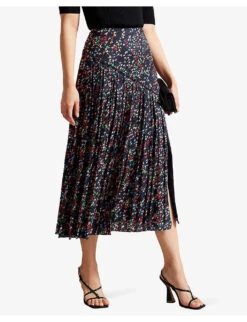 Ted Baker Israa Graphic-print Pleated Woven Midi Skirt -VogueVibe Store R04130073 DKNAVY ALT02
