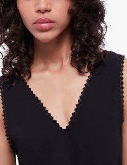 THE KOOPLES Diamond-lace V-neckline Sleeveless Woven Jumpsuit -VogueVibe Store R04131159 BLA01 ALT04