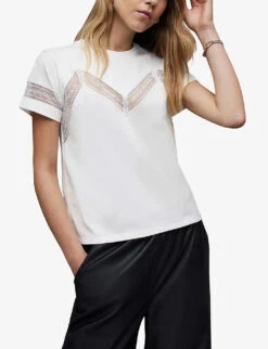 AllSaints Lina Lace-trim Cotton T-shirt -VogueVibe Store R04131318 OPTICWHITE ALT02