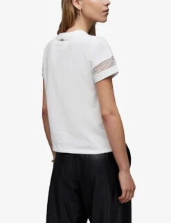 AllSaints Lina Lace-trim Cotton T-shirt -VogueVibe Store R04131318 OPTICWHITE ALT03