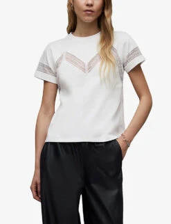 AllSaints Lina Lace-trim Cotton T-shirt -VogueVibe Store R04131318 OPTICWHITE ALT04