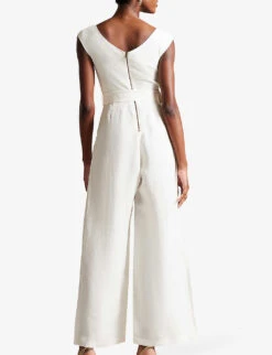 Ted Baker Tabbiaa Knitted-bodice Wide-leg Woven Jumpsuit -VogueVibe Store R04131832 WHITE ALT02