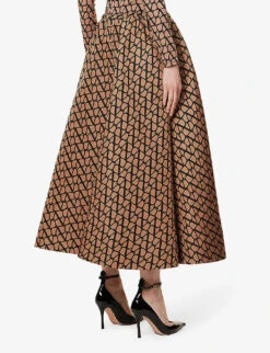 Valentino Monogram-print A-line Satin Midi Skirt 10 Valentino Monogram-print A-line Satin Midi Skirt -VogueVibe Store R04135633 LIGHTCAMELNERO ALT03