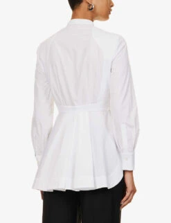 Alexander McQueen Panelled Dipped-hem Cotton Shirt -VogueVibe Store R04136211 OPTICALWHITE ALT03