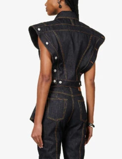 Alexander McQueen Contrast-stitching Sleeveless Denim Jacket -VogueVibe Store R04136232 DARKRINSED ALT03