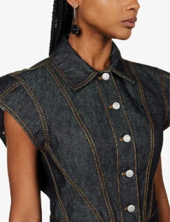 Alexander McQueen Contrast-stitching Sleeveless Denim Jacket -VogueVibe Store R04136232 DARKRINSED ALT04