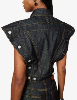 Alexander McQueen Contrast-stitching Sleeveless Denim Jacket -VogueVibe Store R04136232 DARKRINSED ALT05