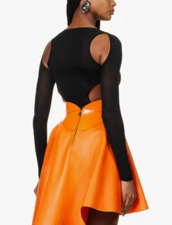 Alexander McQueen Cut-out Silk-blend Bodysuit -VogueVibe Store R04136282 BLACK ALT03