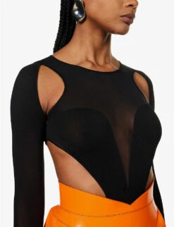 Alexander McQueen Cut-out Silk-blend Bodysuit -VogueVibe Store R04136282 BLACK ALT04