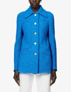 PROENZA SCHOULER Bouclé-weave Button-embellished Woven Jacket 10 PROENZA SCHOULER Bouclé-weave Button-embellished Woven Jacket -VogueVibe Store R04136768 TURQUOISE ALT02