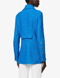 PROENZA SCHOULER Bouclé-weave Button-embellished Woven Jacket 11 PROENZA SCHOULER Bouclé-weave Button-embellished Woven Jacket -VogueVibe Store R04136768 TURQUOISE ALT03