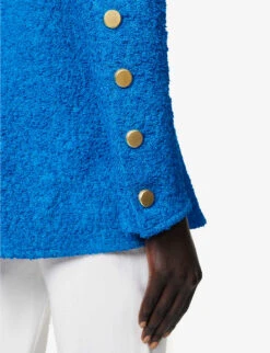 PROENZA SCHOULER Bouclé-weave Button-embellished Woven Jacket 13 PROENZA SCHOULER Bouclé-weave Button-embellished Woven Jacket -VogueVibe Store R04136768 TURQUOISE ALT05