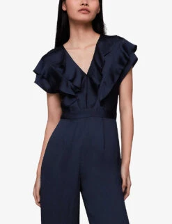 Whistles Adeline Ruffle Recycled Polyester Jumpsuit -VogueVibe Store R04137013 NAVY ALT02