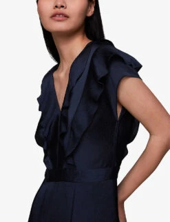 Whistles Adeline Ruffle Recycled Polyester Jumpsuit -VogueVibe Store R04137013 NAVY ALT04