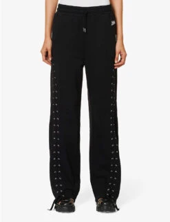 Jean Paul Gaultier Flower Lace-up Wide-leg Cotton-jersey Jogging Bottoms -VogueVibe Store R04137674 BLACK ALT02