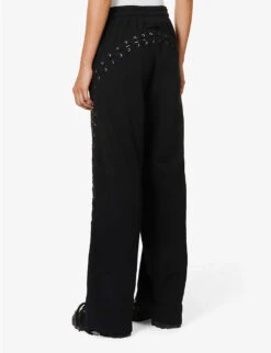 Jean Paul Gaultier Flower Lace-up Wide-leg Cotton-jersey Jogging Bottoms -VogueVibe Store R04137674 BLACK ALT03