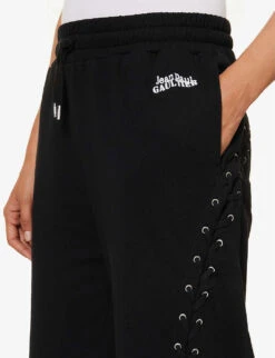 Jean Paul Gaultier Flower Lace-up Wide-leg Cotton-jersey Jogging Bottoms -VogueVibe Store R04137674 BLACK ALT04