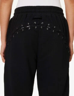 Jean Paul Gaultier Flower Lace-up Wide-leg Cotton-jersey Jogging Bottoms -VogueVibe Store R04137674 BLACK ALT05