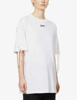 Jean Paul Gaultier Flowers Lace-up Cotton-jersey T-shirt -VogueVibe Store R04137675 WHITE ALT02