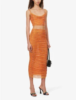 SELF PORTRAIT Crystal-embellished Slim-fit Stretch-woven Midi Skirt -VogueVibe Store R04137723 ORANGE ALT01
